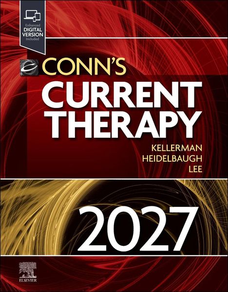 Text: "Enhanced Digital Version Included", "CONN'S CURRENT THERAPY 2027", "KELLERMAN HEIDELBAUGH LEE", "ELSEVIER". Rote und goldene abstrakte Muster.