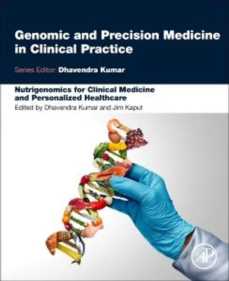 "Genomic and Precision Medicine in Clinical Practice." Hand in blauem Handschuh hält DNA-Strang aus Speisen und Gemüse.