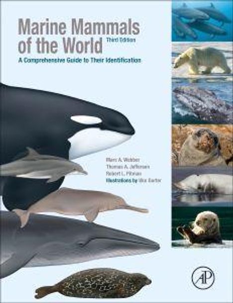 "Marine Mammals of the World" dritte Ausgabe; Illustrationen von W. Bertel; Bilder von Meeressäugern nebeneinander.