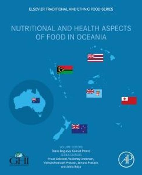 Buchcover "Nutritional and Health Aspects of Food in Oceania" mit Länderflaggen auf einer Pazifik-Karte.