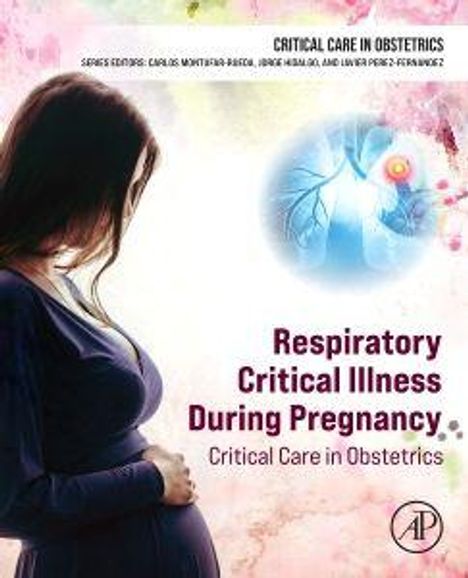 „Respiratory Critical Illness During Pregnancy“ steht in lila. Links eine schwangere, rechts ein abstraktes Lungenbild.