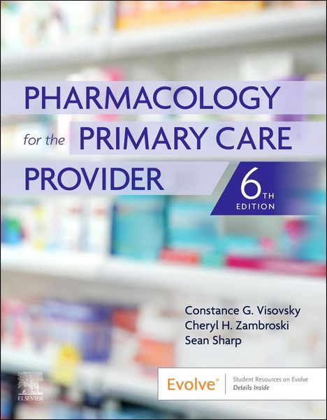 „PHARMACOLOGY for the PRIMARY CARE PROVIDER“ steht groß auf einem unscharfen Hintergrund. Links das Logo von Elsevier.