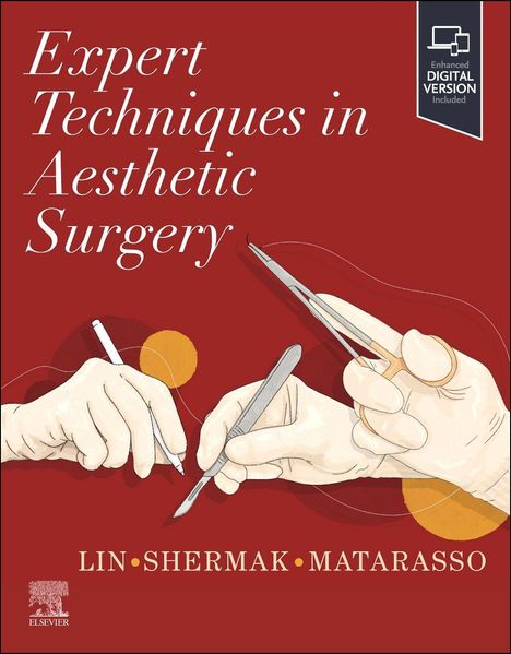 "Expert Techniques in Aesthetic Surgery" steht auf einem roten Hintergrund, dazu zwei Hände mit medizinischen Instrumenten.