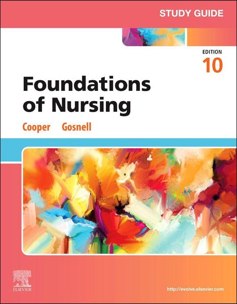 "Foundations of Nursing", "Study Guide", "Edition 10", "Cooper", "Gosnell". Bunte abstrakte Farben, Logo unten links.