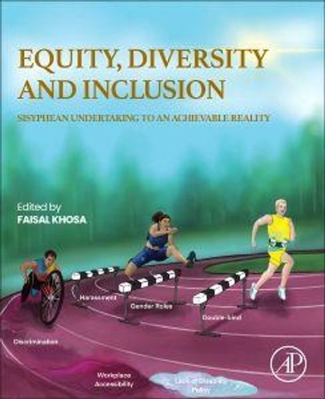 Titeltext: "EQUITY, DIVERSITY AND INCLUSION". Illustration von drei Sportler:innen auf einer Laufbahn mit Hürden.