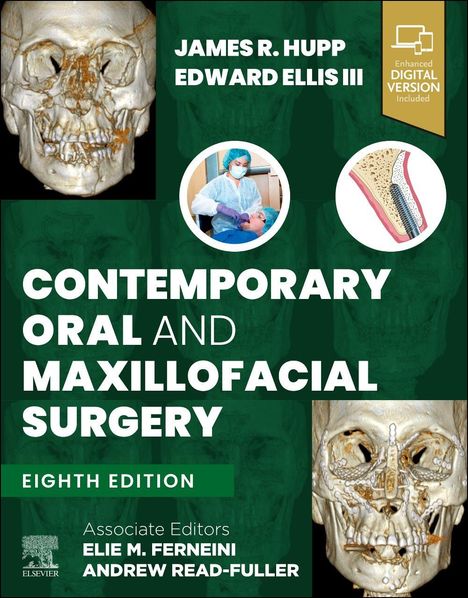 "Contemporary Oral and Maxillofacial Surgery, Eighth Edition". Illustrationen: Schädel, Zahnquerschnitt, chirurgische Szene.