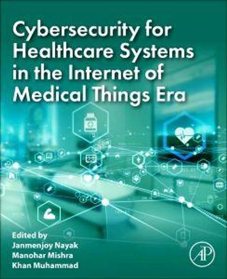"Cybersecurity for Healthcare Systems in the Internet of Medical Things Era." Abstrakte blaue Grafik mit Gesundheitssymbolen.