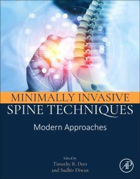 Text: "MINIMALLY INVASIVE SPINE TECHNIQUES: Modern Approaches". Hintergrund: Wirbelsäule mit digitalem Händenberührungs-Effekt.
