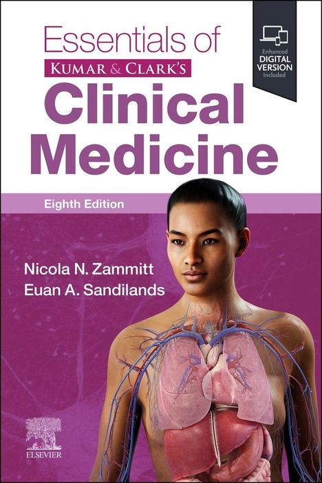 „Essentials of Kumar & Clark's Clinical Medicine, Eighth Edition“. Eine Illustration zeigt eine Frau mit anatomischen Organen.