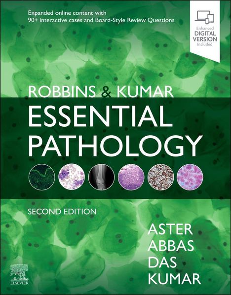 "Robbins & Kumar Essential Pathology, Second Edition. Hintergrund in Grün mit mikroskopischen Zellbildern. Autoren: Aster, Abbas, Das, Kumar."