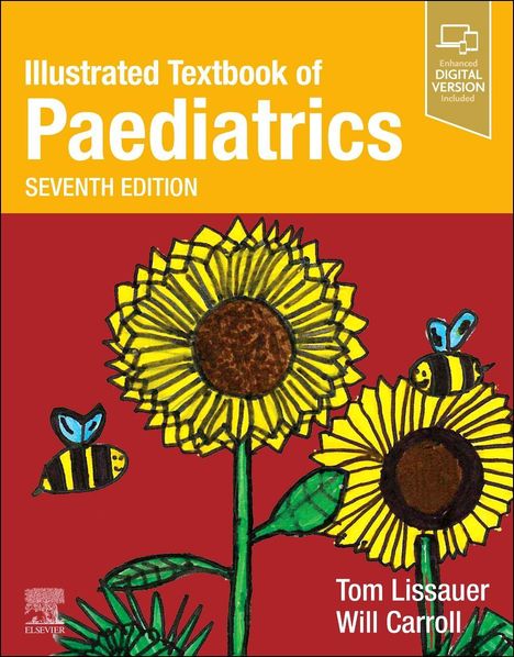 "Illustrated Textbook of Paediatrics, Seventh Edition." Zwei gezeichnete Sonnenblumen mit Bienen auf rotem Hintergrund.