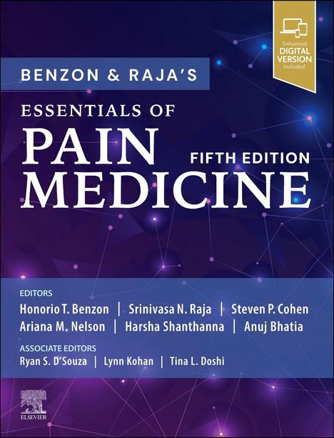 Titel: "Benzon & Raja's Essentials of Pain Medicine, Fifth Edition". 
Herausgeber: Honorio T. Benzon, Srinivasa N. Raja, u.a. 
Verlag: Elsevier. Violetter Hintergrund mit vernetztem Muster.