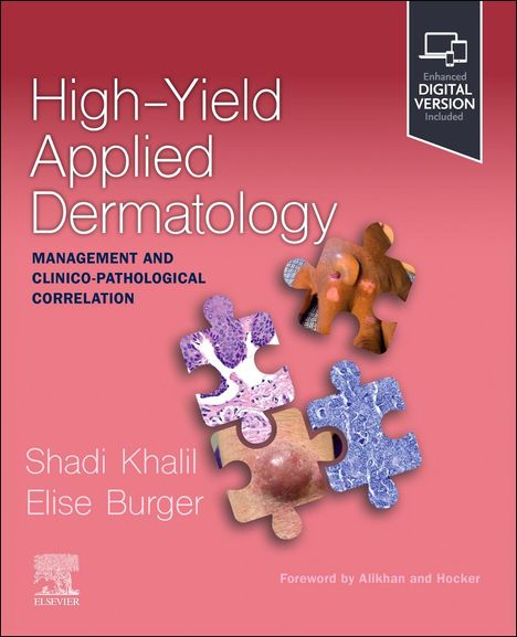 "High-Yield Applied Dermatology" in Weiß auf Rosa mit Puzzleteilen und Autoren "Shadi Khalil, Elise Burger".