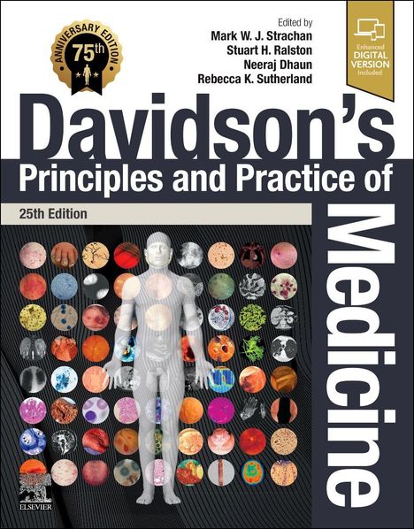 75th Anniversary Edition oben links. "Davidson's Principles and Practice of Medicine" groß in der Mitte. Viele bunte Kreise.