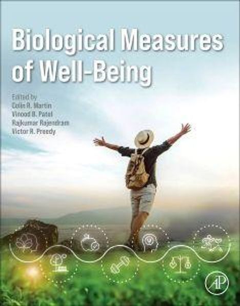 Text: "Biological Measures of Well-Being." Herausgeber sind Colin R. Martin, Vinood B. Patel, Rajkumar Rajendram, Victor R. Preedy. Ein Mensch steht mit ausgebreiteten Armen in einer natürlichen Landschaft. Unten sind Symbole für Wohlbefinden.