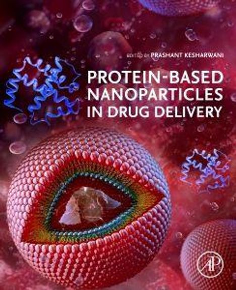 Text: "Protein-Based Nanoparticles in Drug Delivery, edited by Prashant Kesharwani." Illustration von Nanopartikeln.