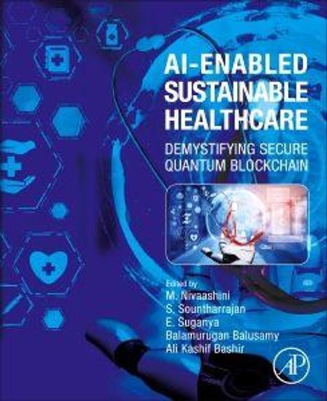 Text: "AI-Enabled Sustainable Healthcare: Demystifying Secure Quantum Blockchain", Herausgeberliste unten. Illustration: blau, technische Symbole.