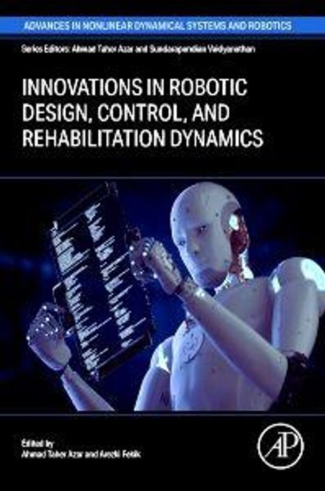 Texte: Innovations in Robotic Design, Control, and Rehabilitation Dynamics. Ein humanoider Roboter hält ein Tablet.