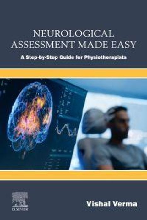 Text oben: "NEUROLOGICAL ASSESSMENT MADE EASY". Darunter ein Gehirnscan und ein Mann im Hintergrund unscharf.