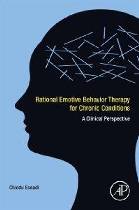 "Rational Emotive Behavior Therapy for Chronic Conditions: A Clinical Perspective." Silhouette eines Kopfes auf blauem Hintergrund.