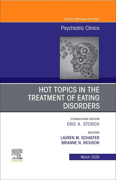 Titel: HOT TOPICS IN THE TREATMENT OF EATING DISORDERS. Illustration eines Kopfes aus Zahnrädern.