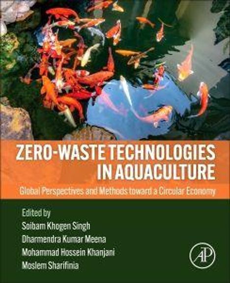 Text: ZERO-WASTE TECHNOLOGIES IN AQUACULTURE. 
Viele bunte Fische in klarem Wasser.