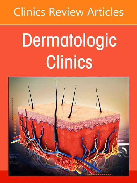 „Clinics Review Articles“, „Dermatologic Clinics“. Illustration eines Hautquerschnitts mit Haaren, Gefäßen und Fett.