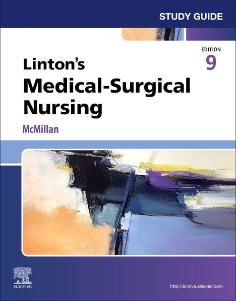 Oben steht "STUDY GUIDE". Titel: "Linton’s Medical-Surgical Nursing", Edition 9, McMillan. Abstrakte Illustration.