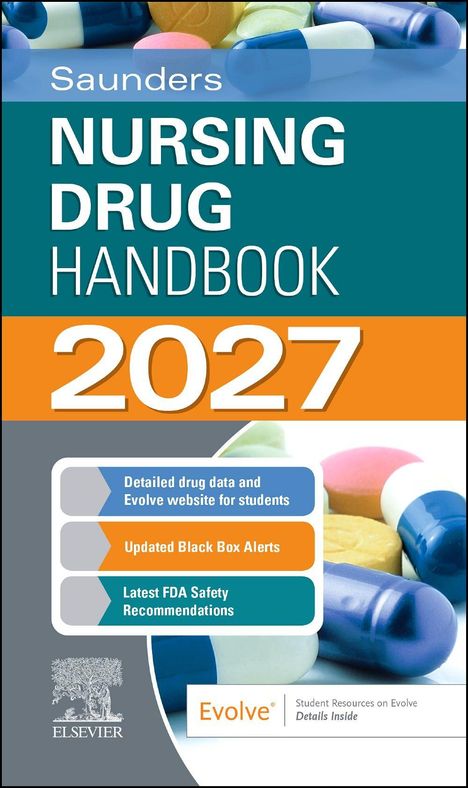 "NURSING DRUG HANDBOOK 2027" in großen Buchstaben, Pillen im Hintergrund, Details zu Studentenressourcen und Sicherheitswarnungen.
