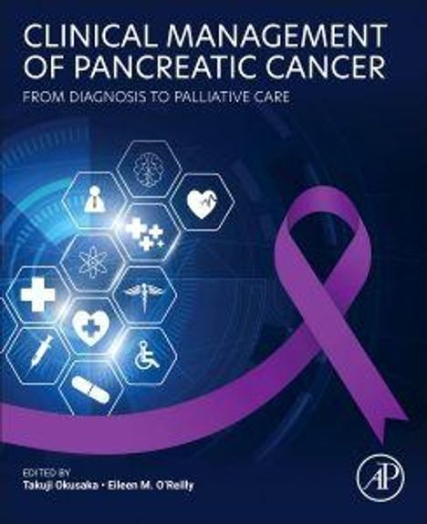"CLINICAL MANAGEMENT OF PANCREATIC CANCER: FROM DIAGNOSIS TO PALLIATIVE CARE", lila Schleife, medizinische Symbole.