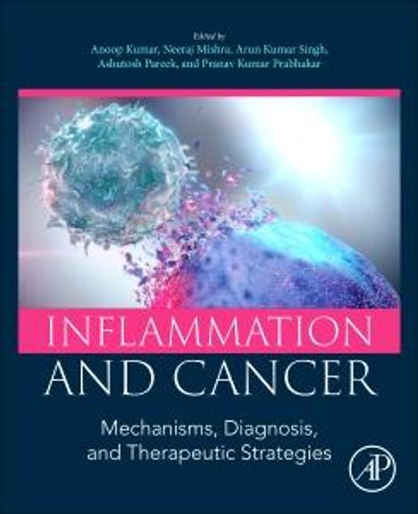 Oben steht "Inflammation and Cancer." Darunter "Mechanisms, Diagnosis, and Therapeutic Strategies." Zellillustration.