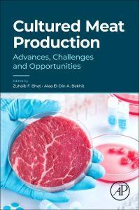 "Cultured Meat Production: Advances, Challenges and Opportunities." Eine Petrischale mit rotem Fleisch, im Labor.