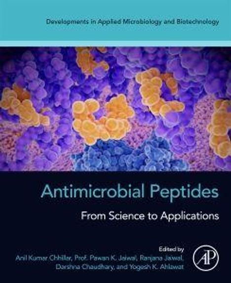 Text oben: "Developments in Applied Microbiology and Biotechnology". Text unten: "Antimicrobial Peptides: From Science to Applications". Darstellung einer bunten Zellstruktur.