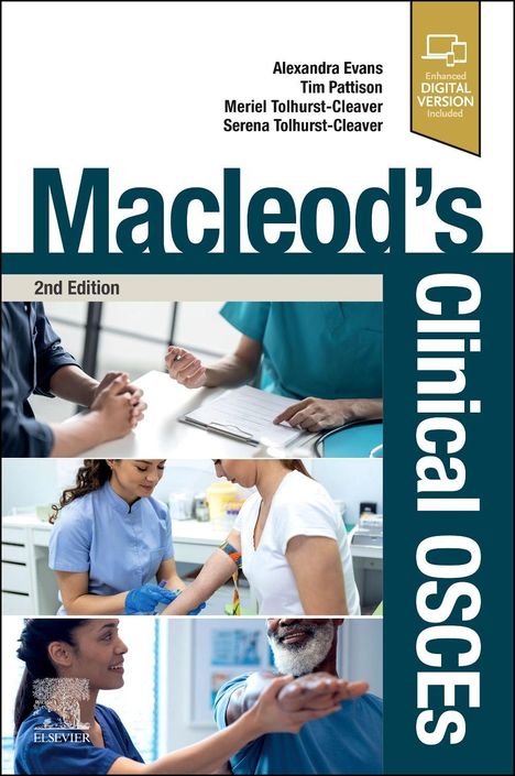 "Macleod’s Clinical OSCEs, 2nd Edition". Oben rechts ein Logo. Bilder zeigen medizinische Szenen mit Pflegepersonal.