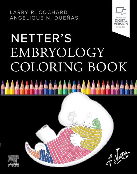 „NETTER'S EMBRYOLOGY COLORING BOOK“ in weißen Buchstaben auf schwarzem Hintergrund. Darunter ein farbiges Embryo.