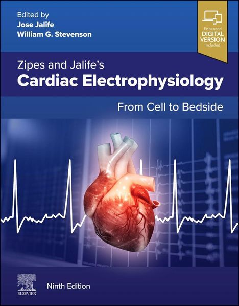 "Cardiac Electrophysiology: From Cell to Bedside, Ninth Edition". Abbildung eines Herzens mit EKG-Linie.