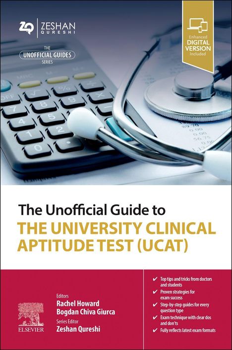 Text: "The Unofficial Guide to THE UNIVERSITY CLINICAL APTITUDE TEST (UCAT)". Stethoskop und Taschenrechner abgebildet.