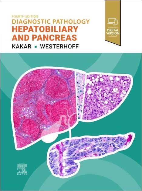 „Diagnostic Pathology Hepatobiliary and Pancreas“ in oranger und roter Schrift auf grünem Hintergrund; Mikroskopbilder der Leber und Bauchspeicheldrüse.