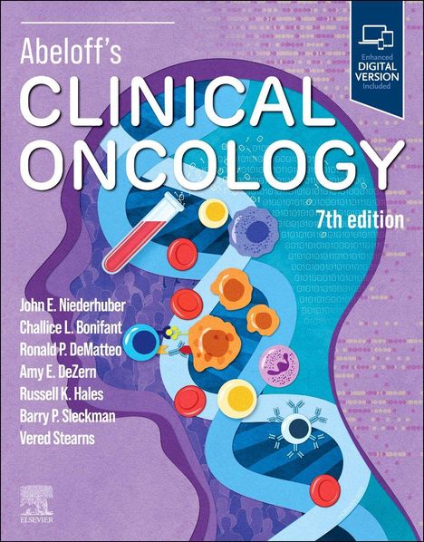 "Abeloff's Clinical Oncology, 7th edition". Autoren: John E. Niederhuber, Challice L. Bonifant, Ronald P. DeMatteo. Illustration zeigt medizinische Symbole und Laborgeräte.