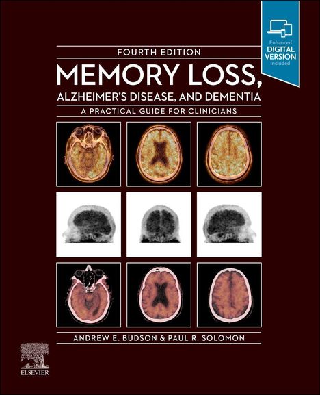 "Memory Loss, Alzheimer’s Disease, and Dementia" von Budson & Solomon, Gehirnscans, Elsevier-Logo links unten.