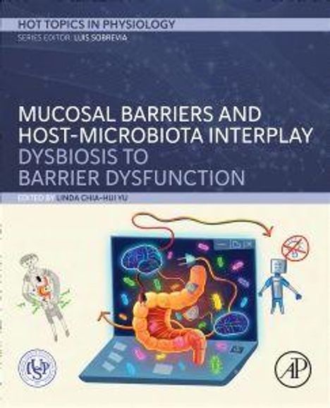 Titel: Mucosal Barriers and Host-Microbiota Interplay. Illustration mit Mensch und Bauch-Organen.