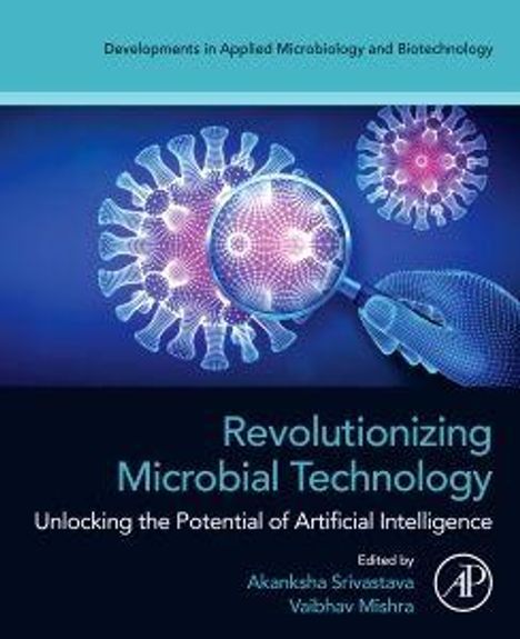"Revolutionizing Microbial Technology", KI Potenziale, Virenbild, Mikrobe und Hand mit Pipette, blau-lila Farbschema.
