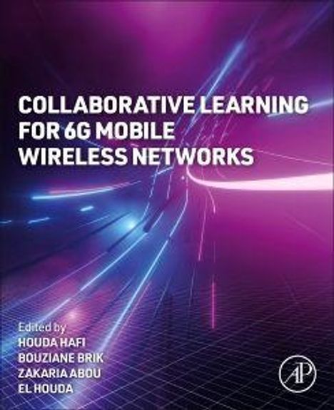 Text: "Collaborative Learning for 6G Mobile Wireless Networks". Lichteffekte in Blau und Violett, futuristisches Design.
