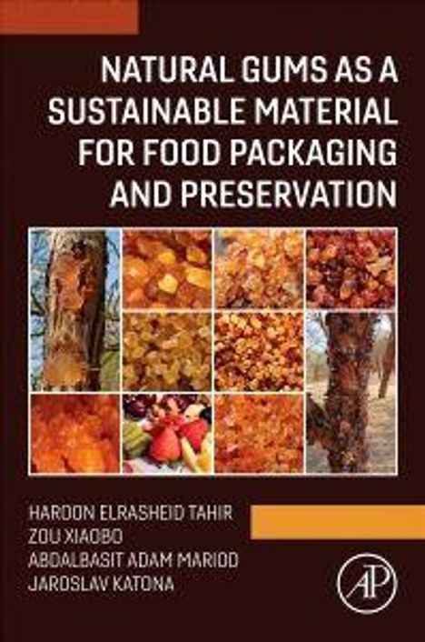 Titel: "NATURAL GUMS AS A SUSTAINABLE MATERIAL FOR FOOD PACKAGING AND PRESERVATION". Unten sind Bilder von Naturgummi.