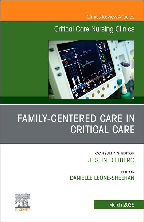 "Critical Care Nursing Clinics", "Family-Centered Care in Critical Care", Monitorabbildung, "Elsevier"-Logo.