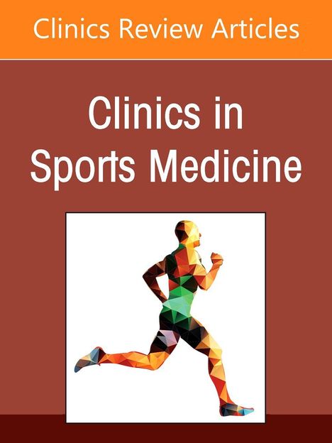 „Clinics Review Articles“ oben, „Clinics in Sports Medicine“ mittig. Darunter eine bunte, geometrische Illustration eines Läufers.