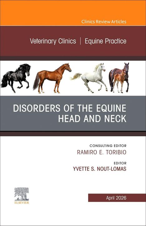 Text in großen Buchstaben "DISORDERS OF THE EQUINE HEAD AND NECK". Bild von fünf Pferden in unterschiedlichen Farben.