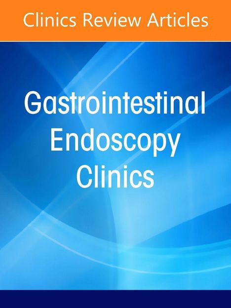 Text: "Clinics Review Articles. Gastrointestinal Endoscopy Clinics." Hintergrund in Blau- und Orangetönen mit fließendem Design.