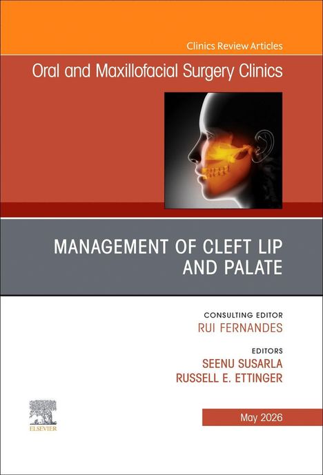 "Management of Cleft Lip and Palate" steht groß auf grauem Hintergrund. Rechts ein Profilbild mit sichtbarem Schädel.