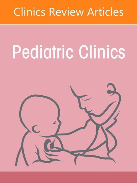 "Clinics Review Articles" und "Pediatric Clinics". Illustration eines Erwachsenen, der ein Baby hält, auf rosa Hintergrund.